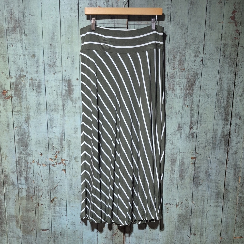 CJ Banks Olive and White Diagonal Stripe Maxi Skirt